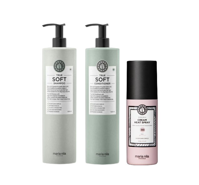 True Soft Duo Shampoo & Conditioner 2x1000ml & Cream Heat Spray 150 ml-Bombola-Paket-Maria Nila